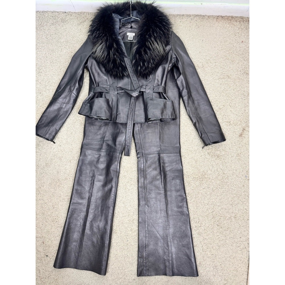 VTG Cache Lambskin Pearlized Leather Pants And Jacket Fox Fur Collar Y2K Luxury